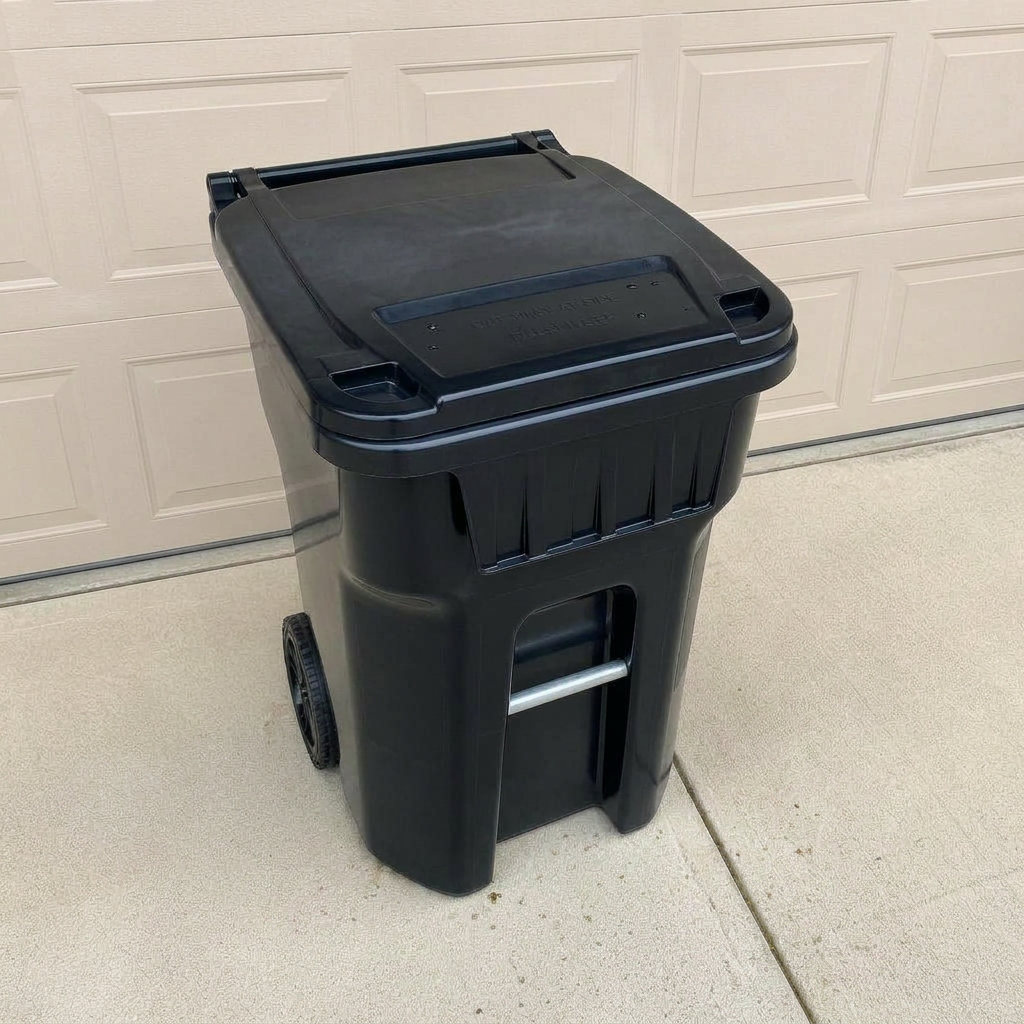 Clean, dry trash bin returned to the driveway